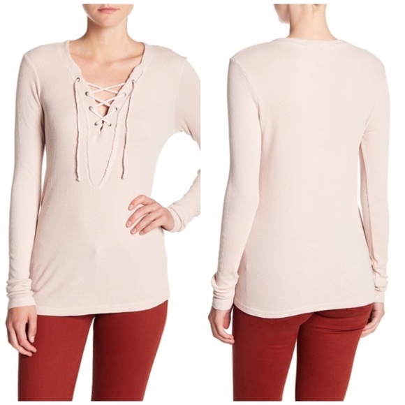 Michael Stars Lace Up V Neck Waffle Knit Thermal in Blush Size OS One Si… - Picture 1 of 7